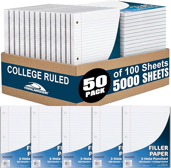 Trail Maker (50 Pack) Bulk Filler Paper College Ruled, 8 x 10-1/2 Inch College Ruled Paper, 3 Hole Punch, Loose Leaf Notebook Paper for 3 Ring Binders, 5000 sheets total