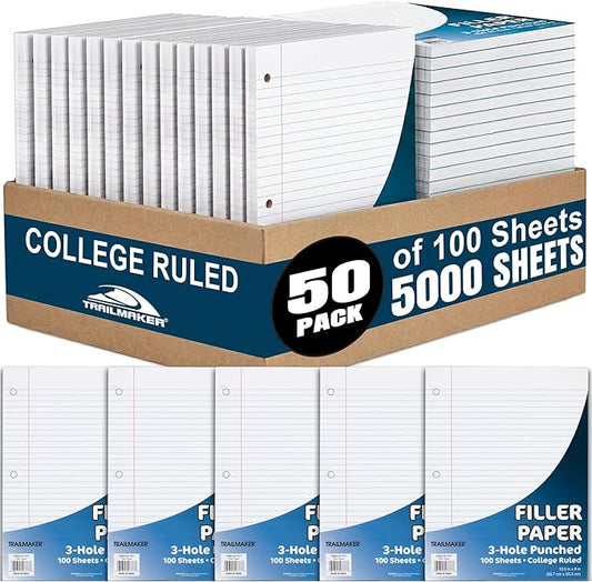 Trail Maker (50 Pack) Bulk Filler Paper College Ruled, 8 x 10-1/2 Inch College Ruled Paper, 3 Hole Punch, Loose Leaf Notebook Paper for 3 Ring Binders, 5000 sheets total