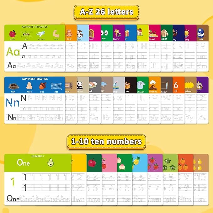 Dry Erase Alphabet & Number Practice Boards for Kids – A-Z Letters & Numbers 1-10, 18 Double-Sided Reusable Sheets (36 Pages), 11x8.5, Preschool, Kindergarten & Homeschool Writing Practice Tool