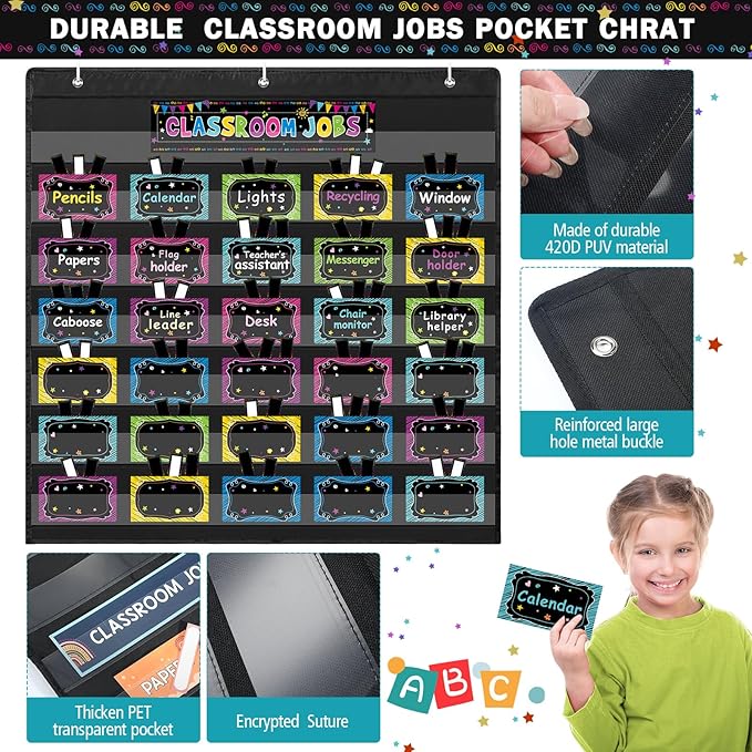 Qeeenar Classroom Jobs Pocket Chart with 96 Cards and 3 Hooks Class Management Educational Schedule for Teacher Back to School Supplies(Blackboard)