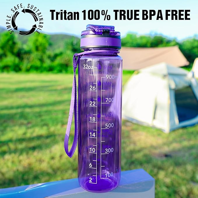 OLDLEY Water Bottle, 32oz Motivational Sports Water Bottle with Time Marker - Times to Drink - Tritan, BPA Free, Wide Mouth Leakproof, Anniversary Birthday Gifts for Men Women, Deep Purple (1 Bottle)