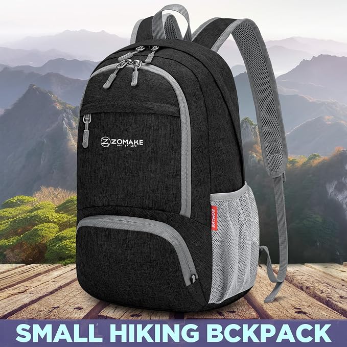 ZOMAKE Lightweight Packable Backpack, 20L Small Foldable Daypack for Hiking | Water Resistant Collapsible Backpacks for Women Men, Everyday Carry, Multi Compartment Storage, Adjustable Strap(Black B2)