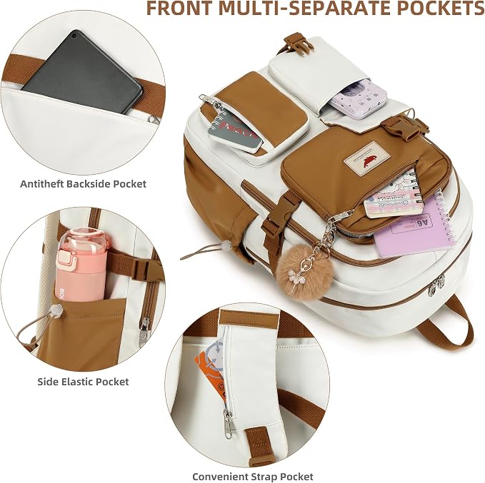 LXYGD Laptop Backpack 15.6 Inch Kids Elementary Middle High School Bag College Backpacks Anti Theft Travel Back Pack Large Bookbags for Teens Girls Women Students (Beige Khaki)