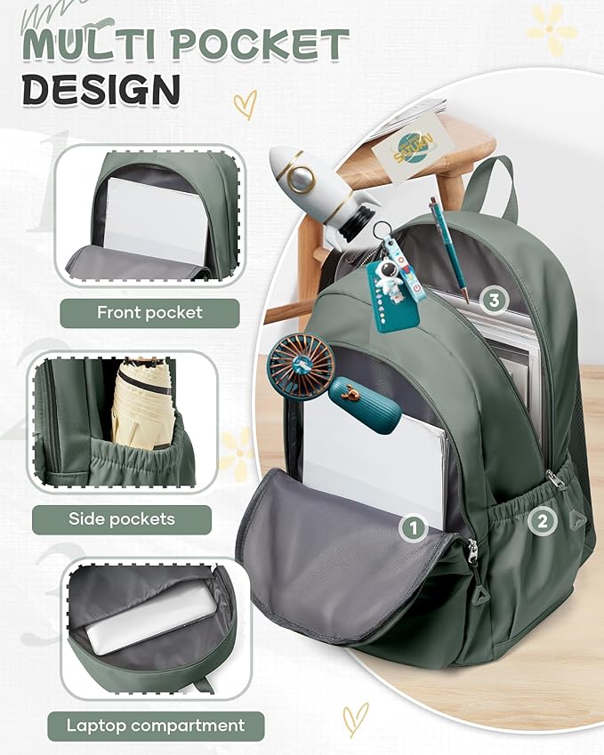 BJLFS Green Cute School Backpack with Laptop Compartment Small Travel Laptop Backpack for Women Men Waterproof College Backpack Simple School Bag for Teens Girls Boys