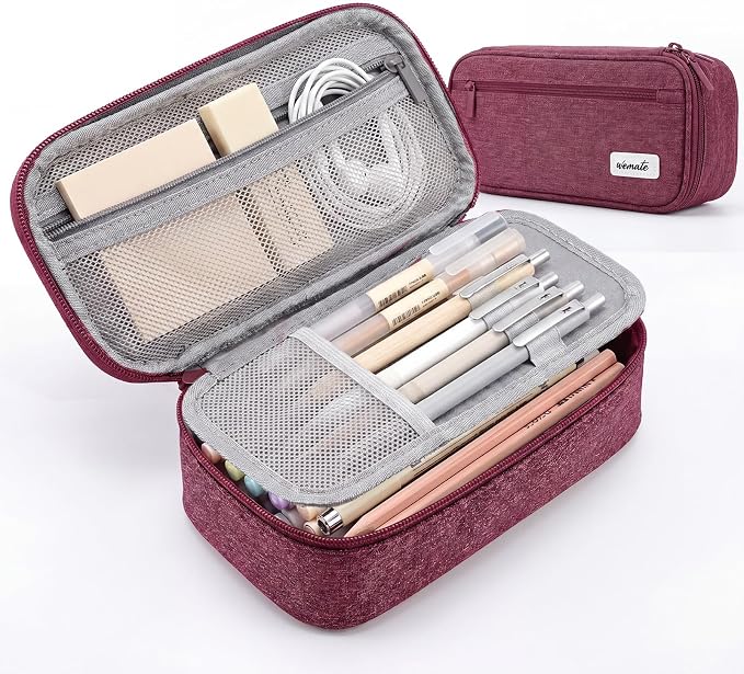 WEMATE Pencil Case, Large Capacity Pencil Pouch, Big Storage Organizer | for Stationery, Zipper Pen Bag, Travel Pen Box, Office Organizer Makeup Bag, for Men Women Purple Red