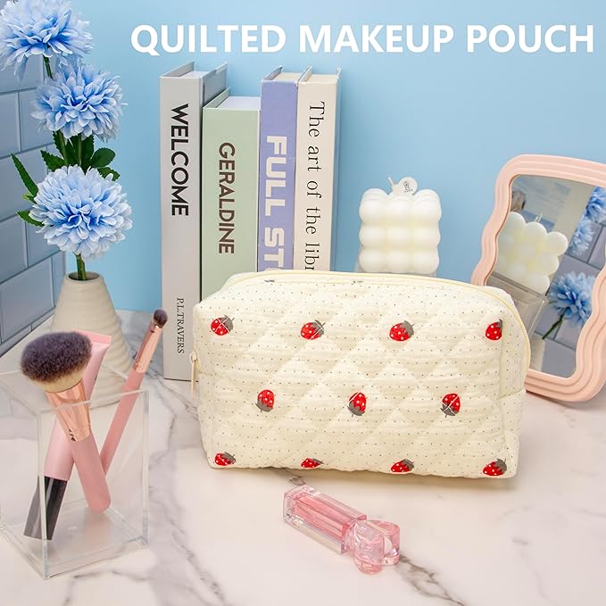 PAZIMIIK 6PCS Vintage Quilted Makeup Bag SET Cosmetic Pouch for Brushes Pencils and Travel Make Up Accessories for Women and Girls Gauze Strawberry