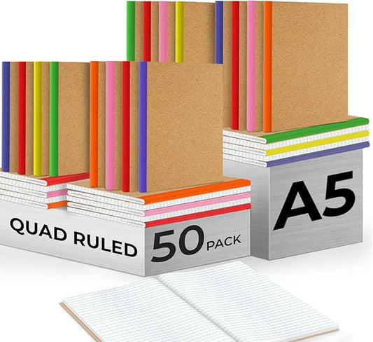 Rosmonde 50 Pack Bulk Graph Paper Composition Notebook, 120 Pages (60 Sheets), Bulk Quad Ruled, Kraft Cover Notebook, A5 Paper, Graph Notebooks, Grid A5 Notebooks, Assorted Rainbow Spines