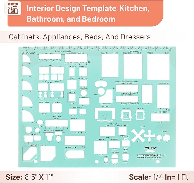 Mr. Pen- House Plan, 3 pcs, Interior Design and Furniture Templates, Clear Flexible Plastic, Drafting Tools, Ruler Shapes for Architecture, 1/4 Inch Scale, Kitchen, Bath, Bedroom, Office, Living Room