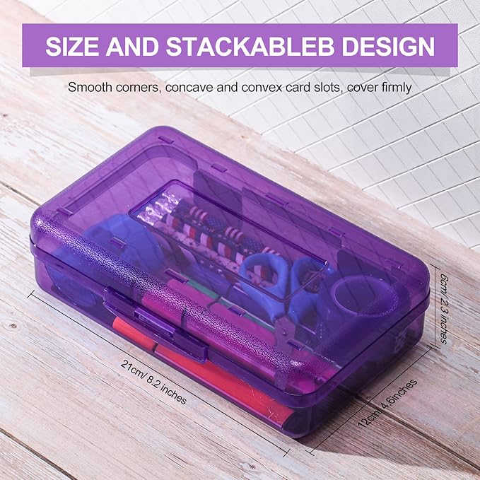 Leelosp 12 Pack Clear Pencil Boxes for School Bulk, Large Plastic Pencil Case with Lid, Stackable Hard Crayon Storage Box for Classroom Kids, Desk Drawer Organizer for Office Home(Purple)