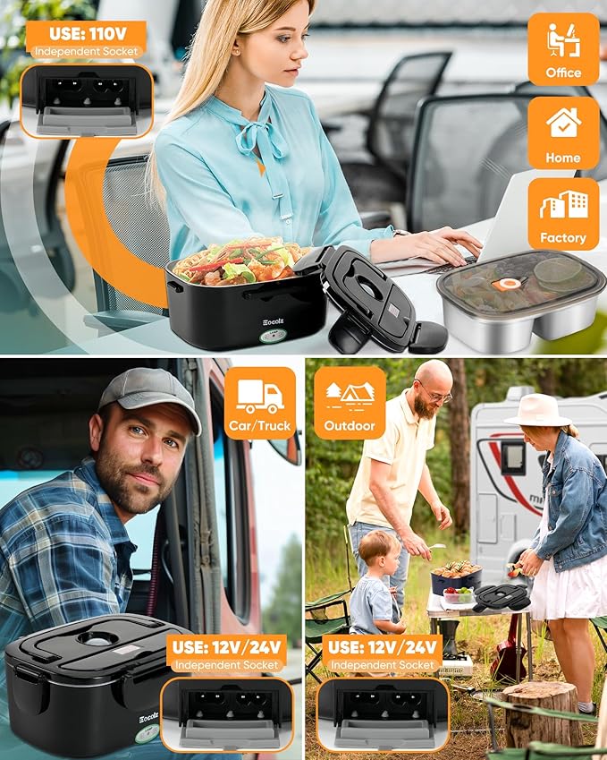 Eocolz Electric Lunch Box Food Heater 80-100W, Food Warmer with Dual Container 1.5L Portable Heated Lunch Box for Car Truck Work Stainless Steel Fork & Spoon 12/24/110V for Adults Lonchera Eléctrica