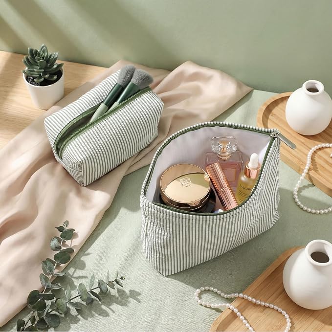 Huhumy 2 Pcs Makeup Bag Set for Women, Bean Green, Thin Striped Seersucker | Cute Cosmetic Pouch Women Travel Toiletry Bag Preppy Small Makeup Purse Pouch Aesthetic Skincare Brushes Storage Organizer