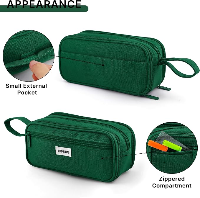 TOPBIDAI Large Pencil Case Pouch for Girls Boy Women Men Adults | Big Capacity Canvas Pencil Bag, Office School Supplies, Multi Compartment Zipper Stationery Pen Box(Dark Green)