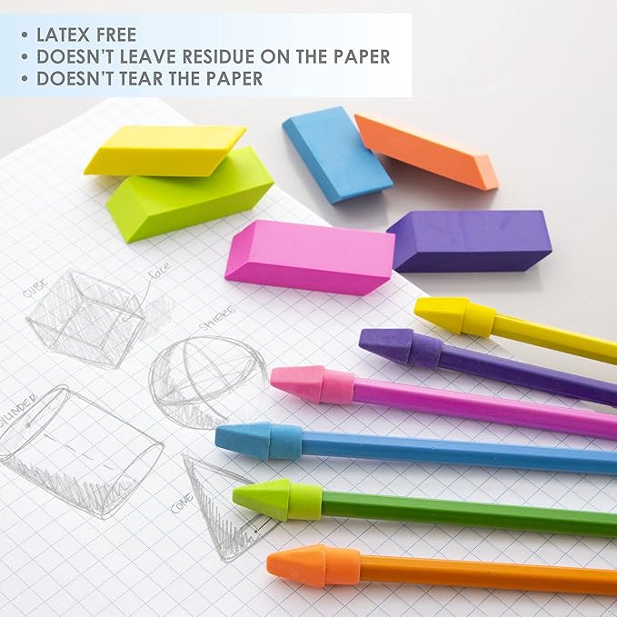 BAZIC Products Erasers + Pencil Top Erasers Set (12/Pack), Block Bevel Erasers Neon Color, Arrowhead Caps Tops, Latex Free, for Art Drawing School, 24-Packs