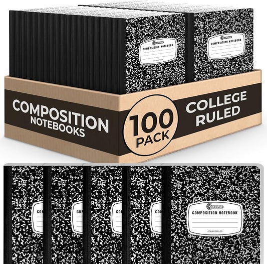 Rosmonde 100 Pack Bulk Composition Notebooks College Ruled, 200 Pages (100 Sheets), 9-3/4 x 7-1/2, Black Marble Hard Cover, Bulk School Supplies, Bulk Notebooks for School, Bulk College Ruled Notebook