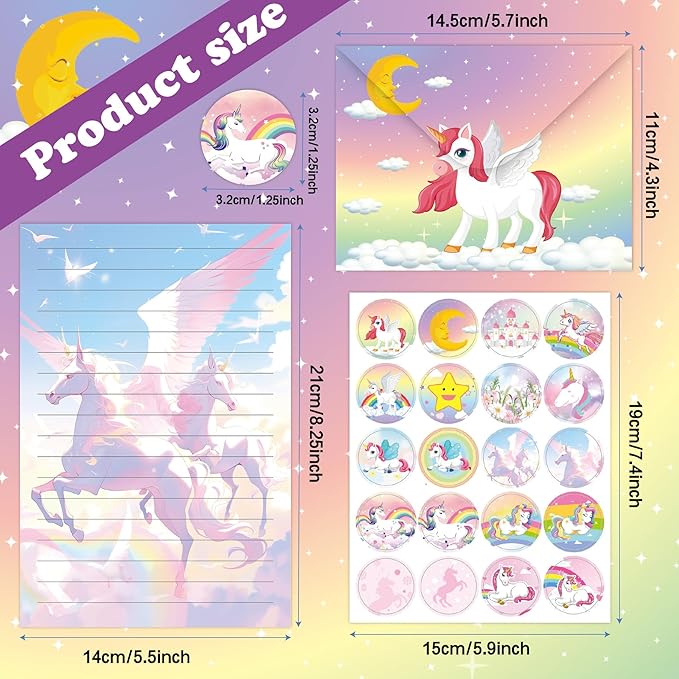 Letter Writing Set - 160 PCS Stationery Set with 50 Letter Papers, 50 Envelopes, 60 Sealing Stickers – Cute Rainbow Unicorn Design for Girls Invitations, Pen Pals, Party Notes, School Supplies
