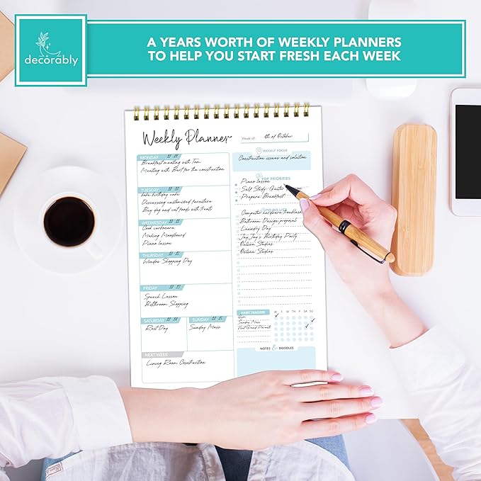 Decorably 52 Sheets Blue Undated Weekly Planner Notepad - 6.5x10in Spring-Bound, Easy Tear-Off Design, with Focus, Priorities, to-do List, Habit Tracker & Notes - Home, School, Office