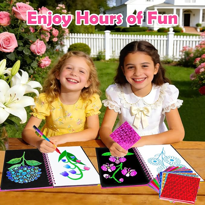FUNNYB&G Foil Art Craft Kit for Girls 4-10 Years Old: Mess-Free & No-Glue, Create 16 Sparkly Flower Pictures – Perfect Travel Toy & Birthday Gift for Kids(Flower)