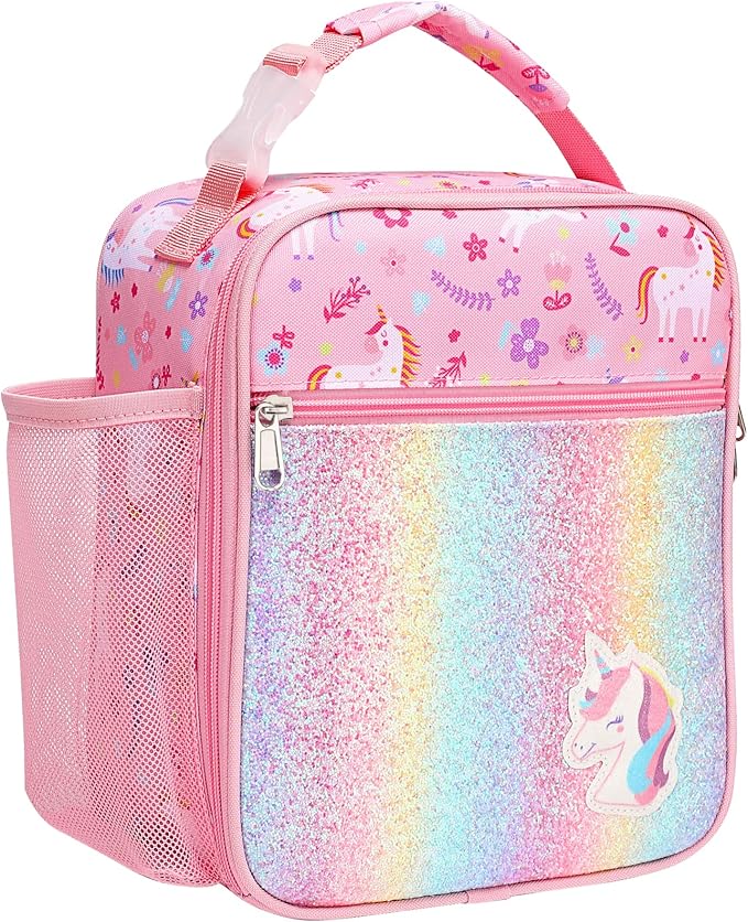 Bagseri Kids Lunch Box for Girls - Insulated Toddler Lunch Bag Fits Bento Box, Reusable Daycare Cooler Tote with Clip Handle, Water-Resistant Lining, Glitter Pink Unicorn