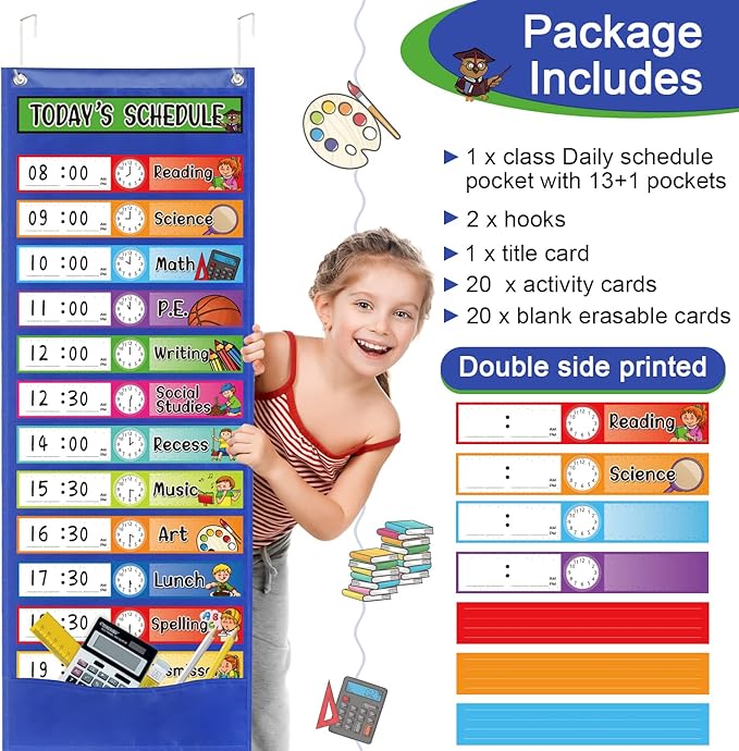 Daily Schedule Pocket Chart Kit,40 Bright Attractive Double-Sided Reusable Erasable Cards,1 Title Card,13+1 Scheduling Pocket Chart with 2 Hangers for Classroom Office Home Preschool Learning (Blue)