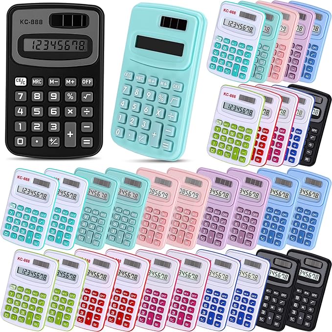 Flutesan 30 Pack Pocket Calculator Small Battery Powered Bulk Mini Size 4 Function Hand Held Basic Calculator for Students Kids School Home Office(Red, Blue, Green, Black, Pink, Purple)