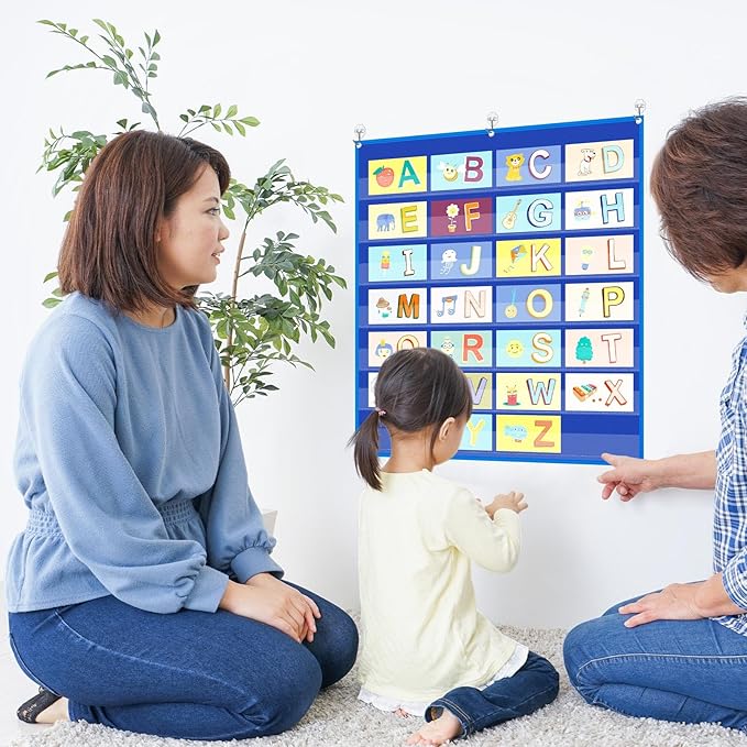 Gilprop 4 Pack 28" x 28" Standard Pocket Chart for Classroom, 7 Clear Calendar Pocket Chart for Homeschool Teaching Supplies for Word, Sentence, Cards, Calendar, Daily Schedule(Blue)