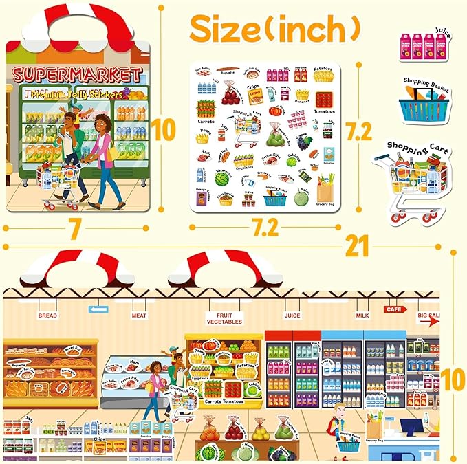 3 Sets of Reusable Jelly Stickers Books - Perfect for 3-6 Year Olds Jelly Stickers Books - Airplane and Car Travel Toys Educational Gifts for Boys and Girls（Beach+Supermarket+Party）