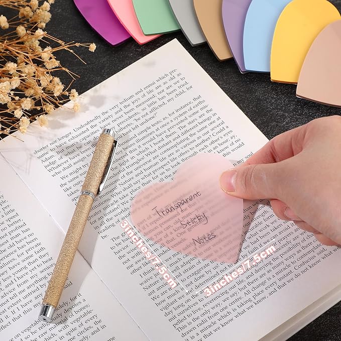 Jetec 900 Sheets Transparent Sticky Notes 18 Translucent Sticky Notes Clear See Through Memo Pad Colorful Self Adhesive Notepads for Notebook Bible Vision Board Office School(Heart,Cute Color)