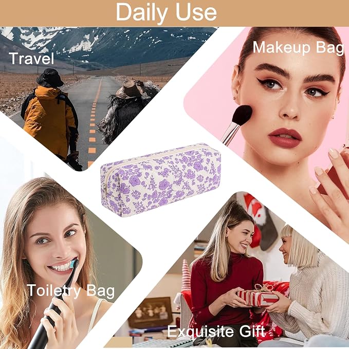 Cute Floral Cotton Makeup Brush Cosmetic Bag for Women, Travel Quilted Zipper Make Up Bag, Flowers Toiletry Organizer Case Kawaii Makeup Cosmetic Travel Cloth Pouch (Big Purple Floral)