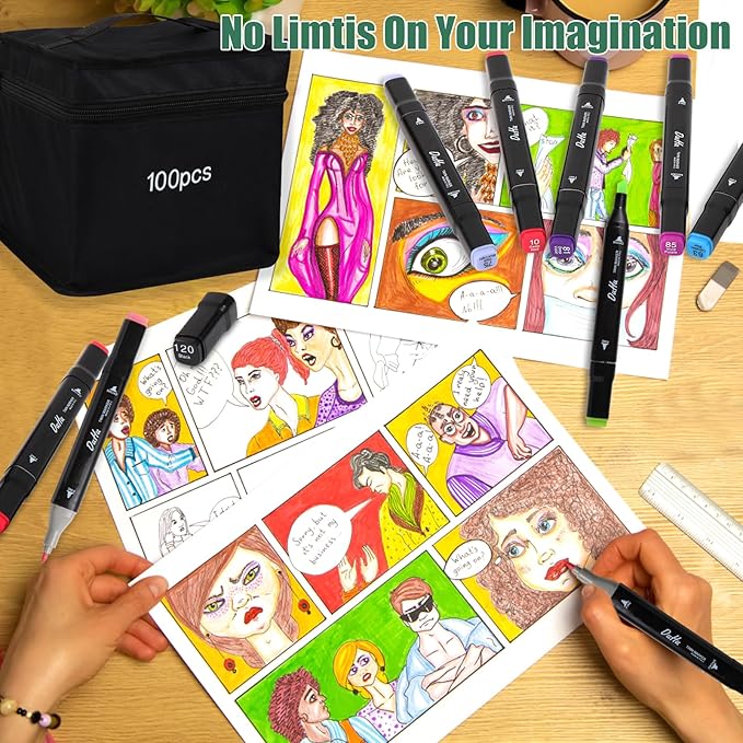 Kebuye 100 Colors Alcohol Markers Set, Dual Tips Blender Art Markers for Drawing Sketching Coloring Artist Pens and Underlining, Professional Permanent Sketch Markers for Kids Adult Coloring