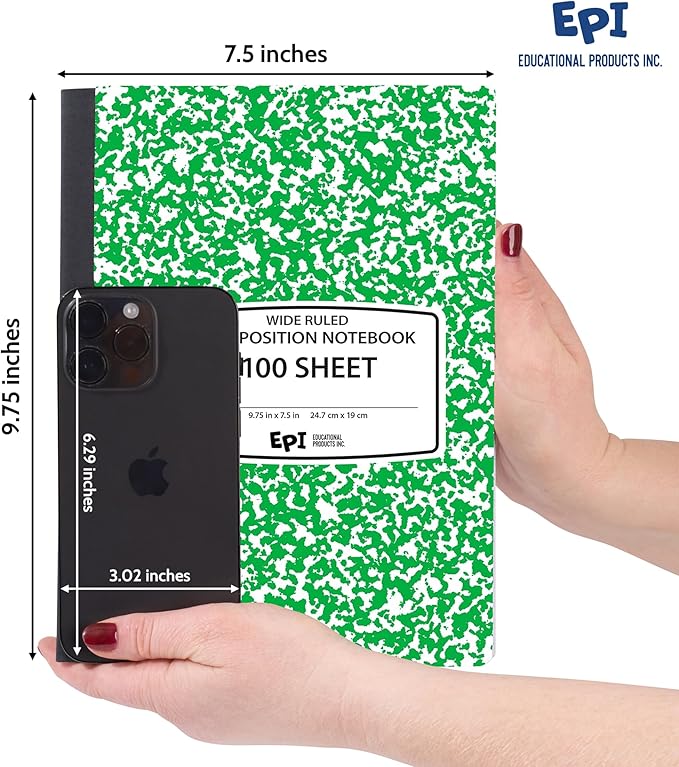 12 Pack - EPI Wide Ruled Marble Composition Notebook - Green 200 Page Note Book - 9.75 x 7.5 Inch Hardcover Journal with Sewn Binding for Secure Pages - Classroom Back to School Supplies
