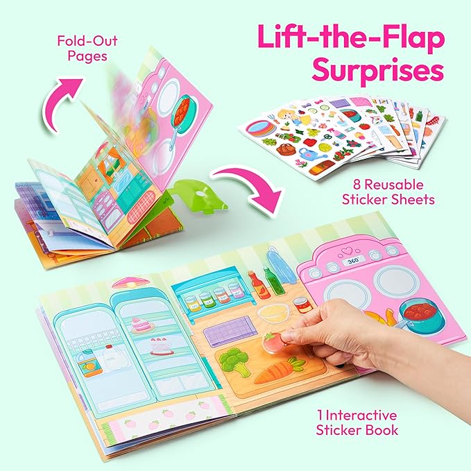 JOVA Klever Kits Reusable Sticker Book for Kids, My Dream Home 4 Play Scenes with 200+ Washable Stickers Plane Activity for Toddler Aged 3 4 5 6 7 8 Girls and Boys Birthday Gift