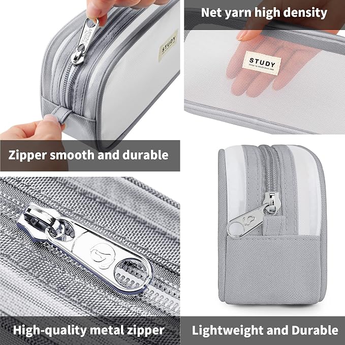 Grid Mesh Pencil Case Pouch Large Capacity Pencil Bag with Zipper | Big Pencil Pouch Grey Simple Stationery Bag Aesthetic Pen Bag for School Teen Girl Boy Multi-Purpose Bag for Office Men Women
