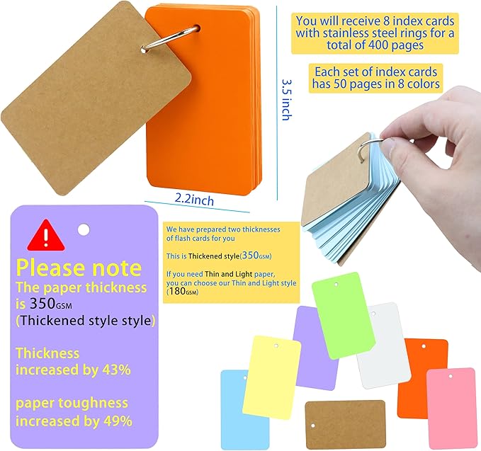 400 Pcs Flash Cards 2x3 Inch Index Cards with Ring Lined Note Card Bood Flashcards, Mini Flash Cards 2x3 Colorful Card Pad Index Note Bood 2x3 Notecards for Studying School Supply College