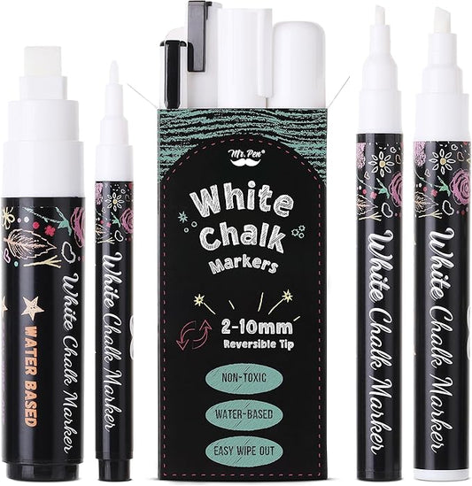 Mr. Pen- Liquid Chalk Marker Pen, 4 Pack, Assorted Size Tip, White Non-Toxic Odorless Chalk Markers, Reversible Chisel & Bullet Tip, Ideal for Non-Porous Chalkboards, Chalkboard Vinyl, Glass & Metal