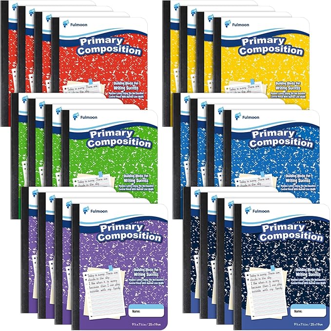 Fulmoon 24 Pack Primary Composition Notebook,Grade K-2 Journal Wide 3 Line Ruled,80 Pages,Marble Cover,7-1/2" x 9-3/4" Primary Writing Notebook for Kindergarten Preschool,1st 2nd Grad (Mix Color)