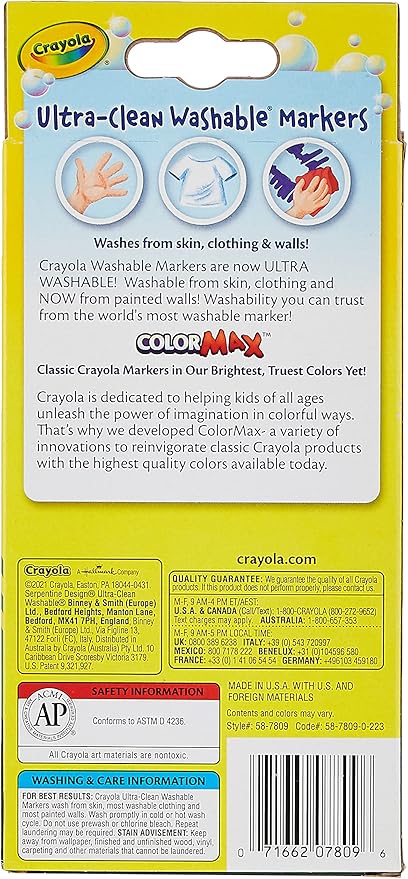Crayola® Ultra-Clean Washable Color Markers, Thin Line, Assorted Classic Colors, Box Of 8