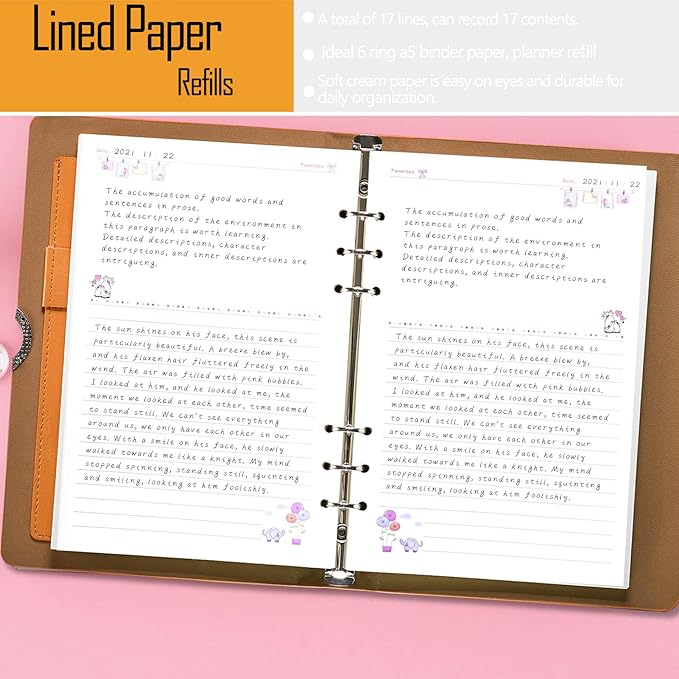 Rancco A5 Refill Line Paper, Colorful 6-Rings Binder Papers Refill, Filofax Notebook Inserts Refills Loose-leaf Binder Paper for Planner Journal Dairy, 90 Pages,Double-sided writing, 8.3x5.5", Memo