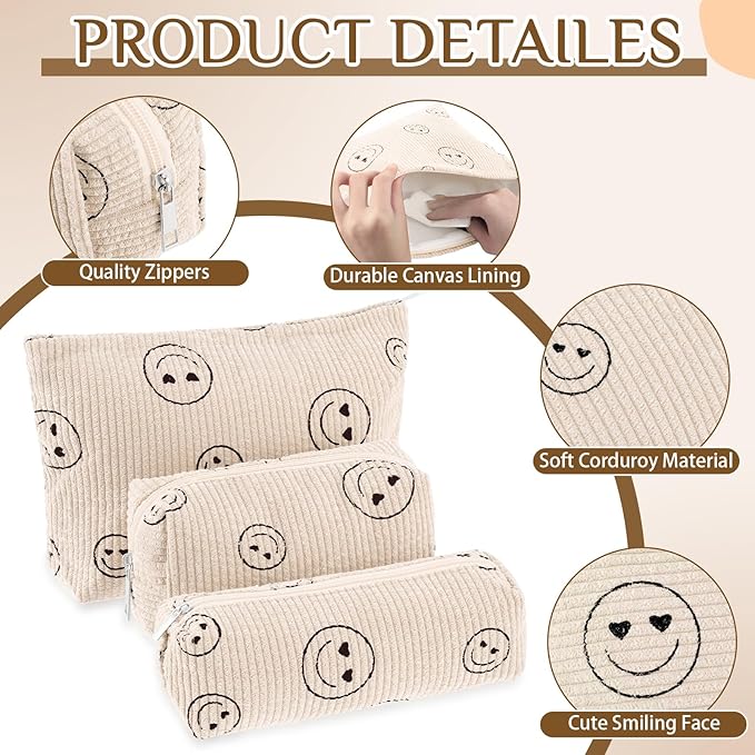 Huhumy 3 Pcs Makeup Bag Set for Women Corduroy Cosmetic Pouch Aesthetic Smile Travel Toiletry Bag Cute Purse Pouch Pencil Case Makeup Brushes Storage Organizer with Zipper(Beige,Smile Face)