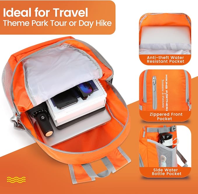 ZOMAKE Lightweight Packable Backpack, Water Resistant Foldable Daypack 35L | Light Hiking Backpacks Collapsible Day Pack for Travel, Everyday Carry, Multi Compartment Storage, Adjustable Strap (Orange)