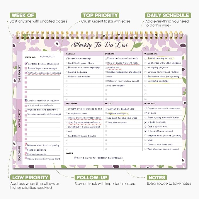 Weekly To Do List Notepad with 52 Undated Sheets（8.5"×11"）- Weekly Desk Planner for Women & Man, Work and Home - Lilac Whisper