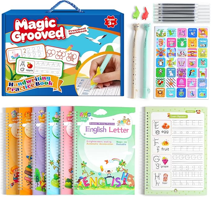 CosyCorner Magical Handwriting Workbooks Handwriting Practice Magic Copybook, Handwriting Aid Magic Pen Reusable Copybook Grooves Template Design for Children (6)