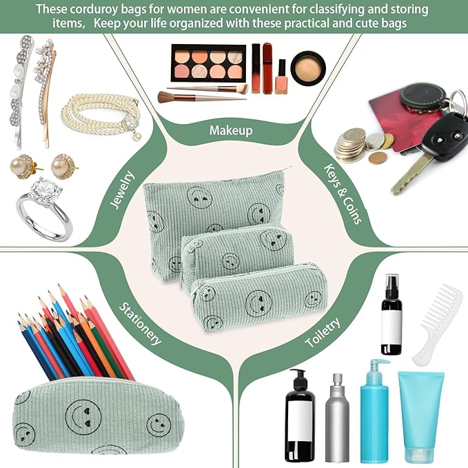 Huhumy 3 Pcs Makeup Bag Set for Women Corduroy Cosmetic Pouch Aesthetic Smile Travel Toiletry Bag Cute Purse Pouch Pencil Case Makeup Brushes Storage Organizer with Zipper(Green,Smile Face)