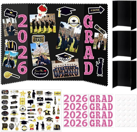 Graduation Photo Display Board - 4 Set Trifold Poster Board for Graduation Party, Pink Folding Picture Presentation Frame for Multiple Pictures Table Decor (24x16 Inches)