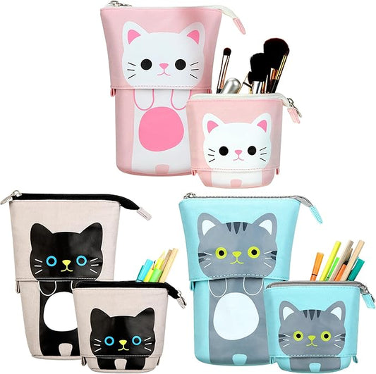 Outus 3 Pcs Standing Pencil Case Cute Stand up Pencil Pouch Telescopic Pen Holder Kawaii Stationery Pouch Makeup Cosmetics Bag for School Students Office(Gray, Black, White Cat)