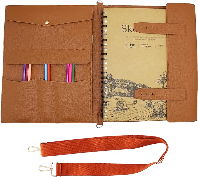 Drawing Book Cover Sketchbook Cover with Pencils and Leather Artist Bag Artist Gifts Leather Art Book Cover for Sketchbook, Journal Notebook (9" x 12")