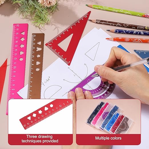 PATIKIL 8Pcs Geometry Drafting Tool, Aluminum Alloy Geometry Kit Math Tool Includes 20cm Ruler Protractor Triangles for Drafting Angle Measure Simple Science Experiment, Red