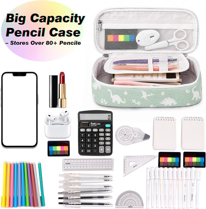 Big Capacity Pencil case,Soft Corduroy Pencil Bag,Cute Pen Case with Handle,5 Compartments, Wide Opening Pen Pouch Organizer for Teen Girls Women (Dinosaur)