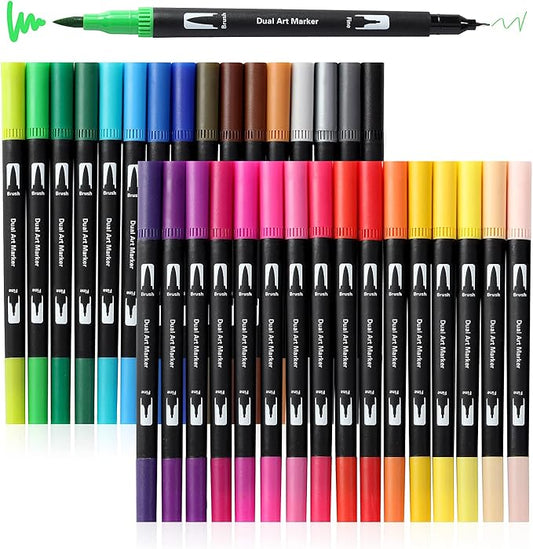 Peablce Art Markers Brush Pen, Markers for Adult Coloring Books No Bleeding,32 Colored Pens Fine Point Highlighter Pen & Brush for Adult Coloring Journaling Note Taking Planner