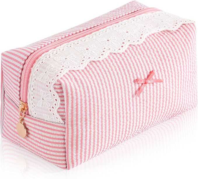 Makeup Bag Travel Toiletry Bag for Women, Small Cosmetic Bags with Lace Trim Cute Blush Stripe Aesthetic Organizer Makeup Pouch for Purse Emergency Bag Pencil Case Accessory Bag