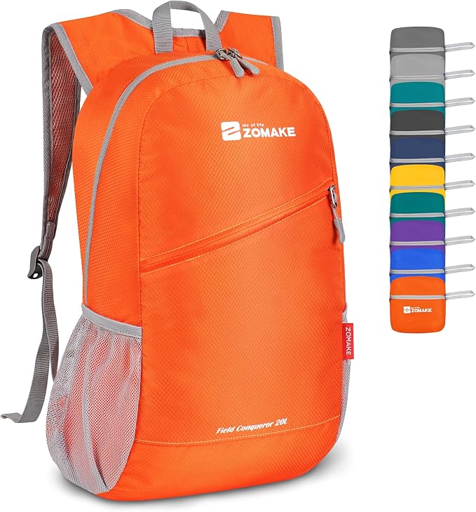 ZOMAKE Lightweight Packable Backpack 20L, Foldable Small Daypack for Hiking | Water Resistant Backpacks Day Bag for Travel Outdoor Camping Sport, Everyday Carry, Multi Compartment Storage(Orange)